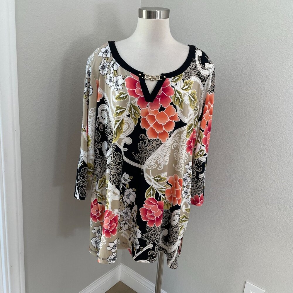 JM Collection Woman Plus‎ 3X Floral Blouse 3/4 Sleeves Stretch Tunic Top Shirt